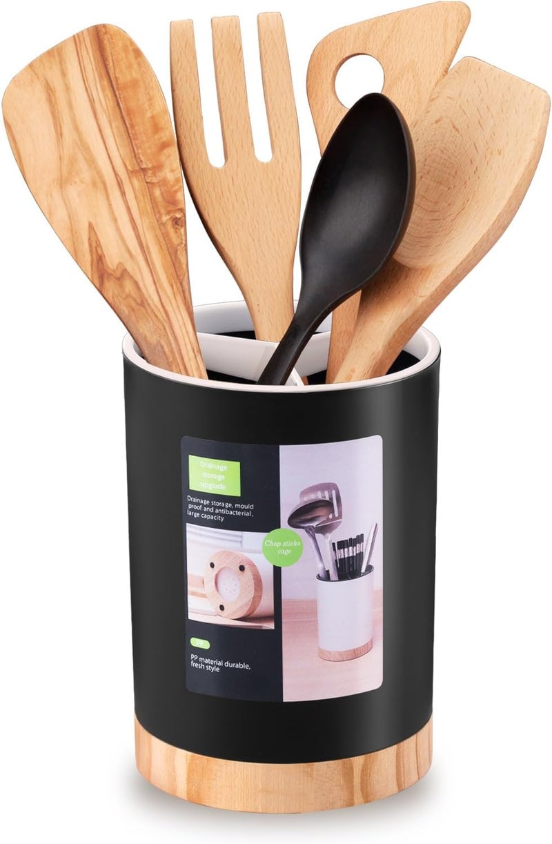 Tiosamd Kitchen Utensil Holder Tableware Storage Bucket, Spoon Chopsticks Fork Drain Rack Utensil Crock for Counter, Household 3-Format Tableware Drainer with Removable Divider and Wooden Base - Image 1